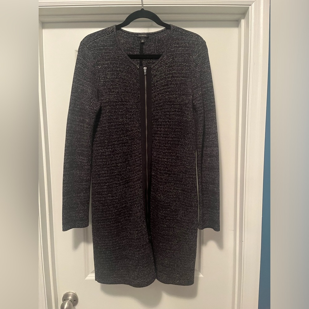 Talbots Longline Zip Cardigan Sweater Womens Size Small Black White Knit Duster